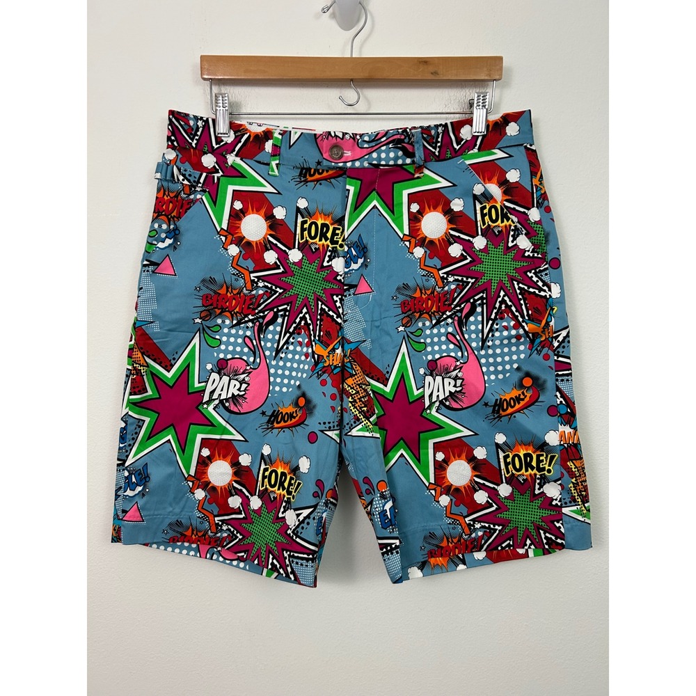 Royal & Awesome Mens‎ Golf Shorts Comic Book Pop Art Print Blue Size 34 NWOT